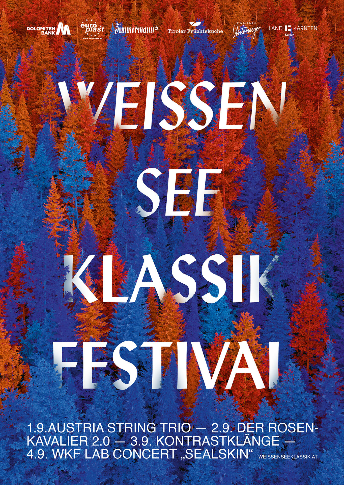 Weissensee klassik festival poster, two toned trees, orange, blue