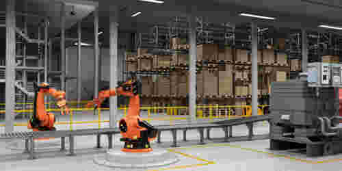 industrial equipment facility orange gripping arm, automation, warehouse